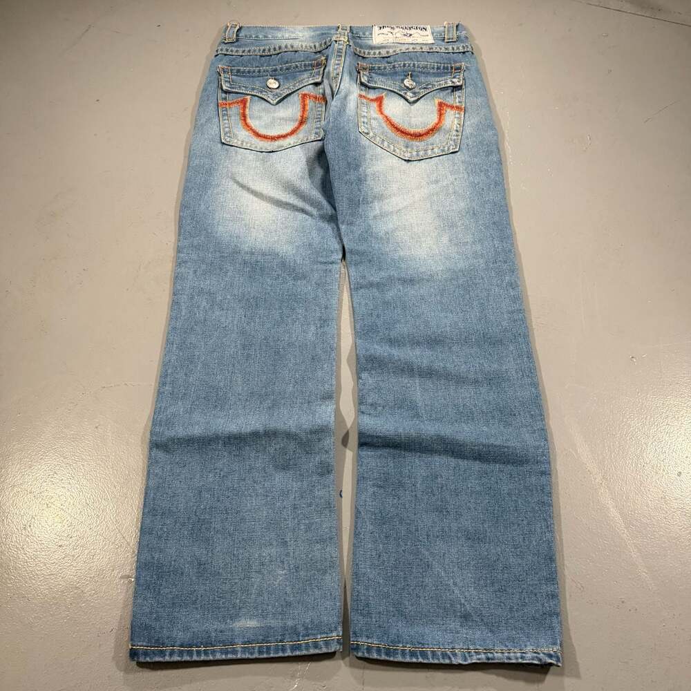 True Religion Vintage Embroidered Ricky Straight Jeans Flap Pockets Mens 36x33